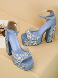 Fringed Square-toe Buckle Ankle Strap Chunky High Heel Platform Denim Sandals With Jewels