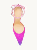 Ombre Pink Rhinestone Tie-Up Pumps With Pointed Toe Flared Heel Ankle Strap