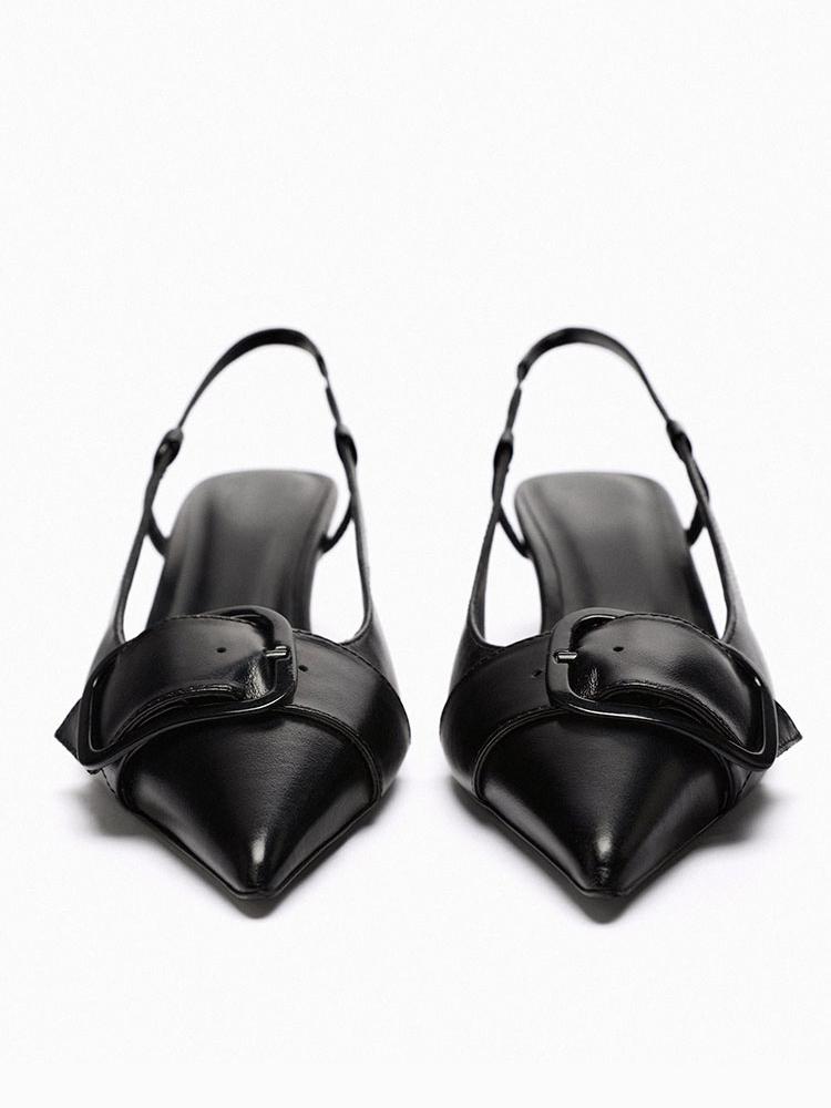 Black Oil Wax Buckle Pointy Kitten Slingback Pumps