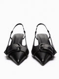 Black Oil Wax Buckle Pointy Kitten Slingback Pumps