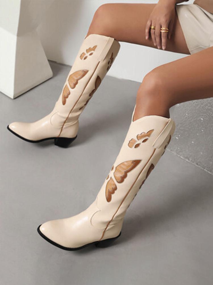 Butterfly Embroidery Pointed-toe Chunky Heels Wide Slip-on Knee High Cowgirl Boots