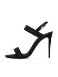 Black Vegan Leather Two Bands With Rhinestones Round-Toe Stiletto Heel Slingback Sandals With Buckle