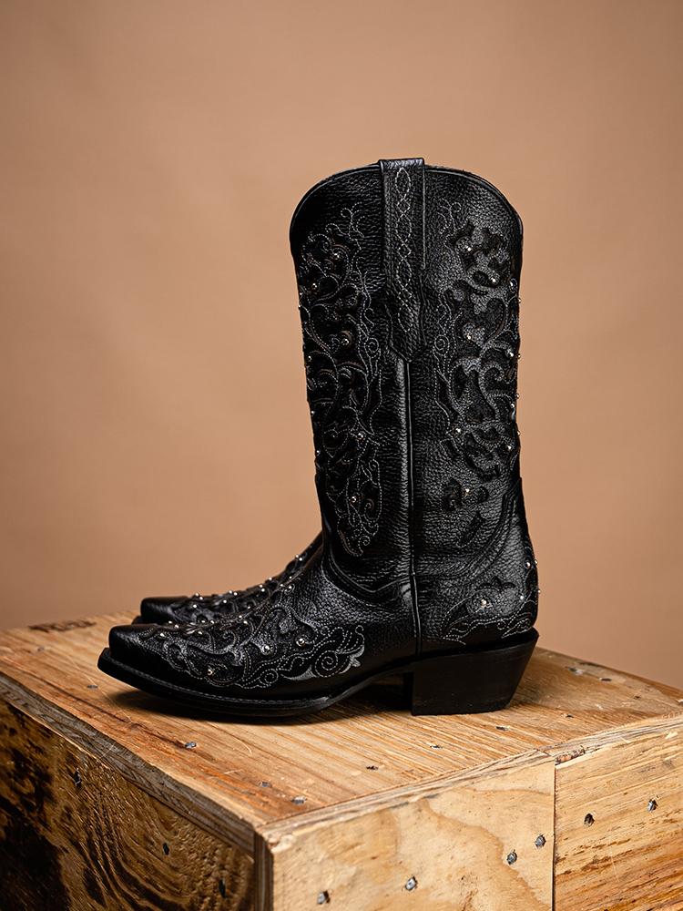 Filigree Cutout Embroidered Sparkling Inlay Stud Snip Wide Mid Calf Cowgirl Genuine Leather Boots