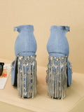 Fringed Square-toe Buckle Ankle Strap Chunky High Heel Platform Denim Sandals With Jewels