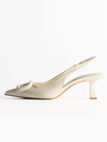 Cream Rectangular Embellishment Pointy Kitten Slingback Pumps