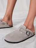 Faux Suede Buckle Fluffy Flat Mules Faux Shearling Lined Open-Back Comfy Cork Clogs