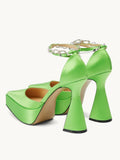 Green Silk Rhinestone Bow Chain Pointy Platform Pumps With Ankle Strap Flared Heel