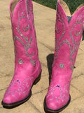 Pink Embroidered Crystal Rhinestone Square Toe Mid Heel Western Mid Calf Boots