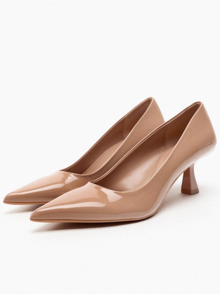 Beige Patent Pointy Kitten Flared Slip-On Pumps