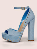 Studs Peep-toe Buckle Ankle Strap Chunky High Heel Platform Denim Sandals