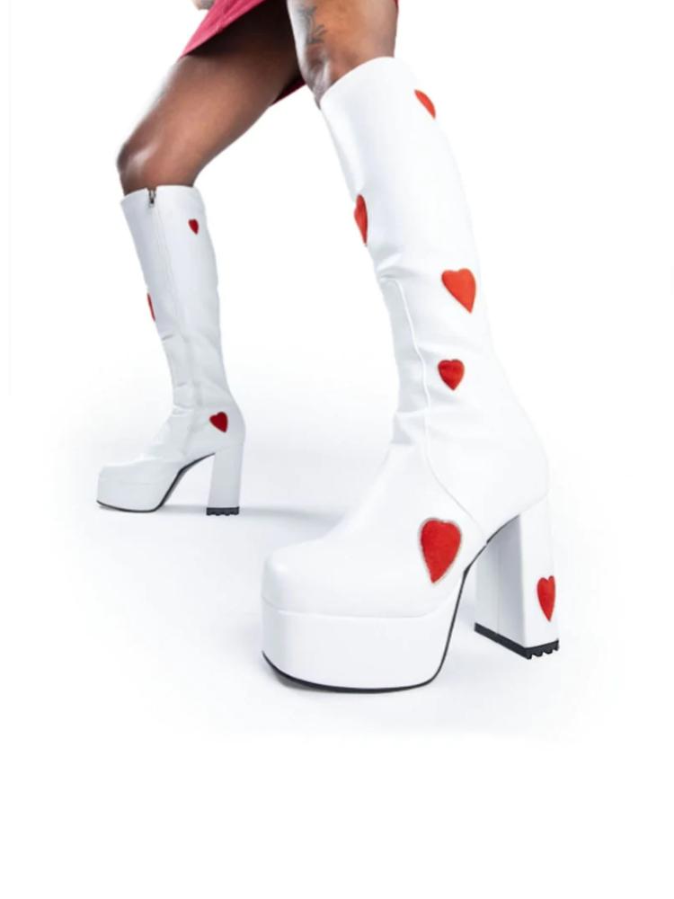 Pink Red Heart Square Toe Block Heel Gogo Platform Knee High Boots