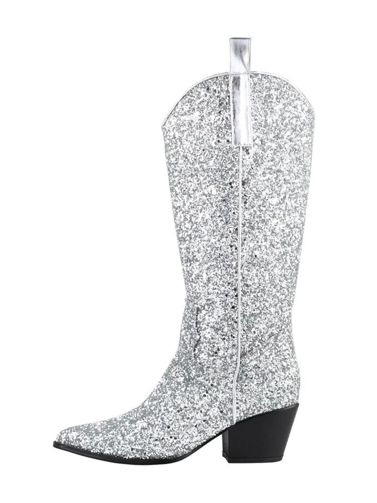 Glitter Zipper Pointy Mid Calf Cowgirl Boots In Gold Silver Black