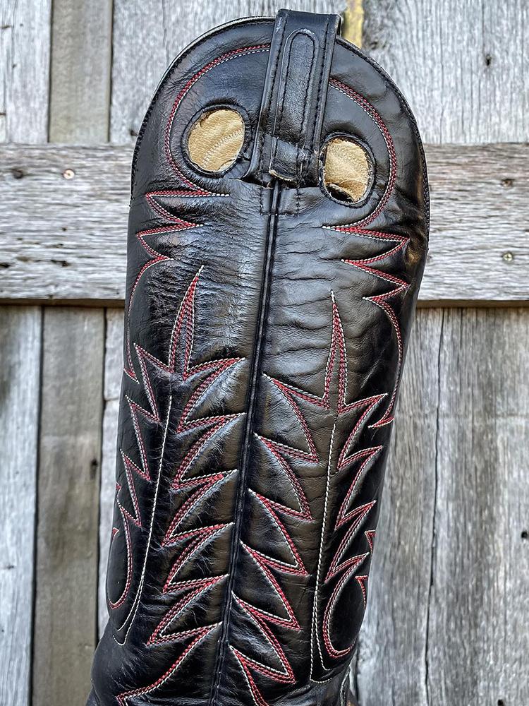 Black Vegan Leather Embroidery Round-toe Slip-on Wide Mid-Calf Cowgirl Boots With Chunky Heel