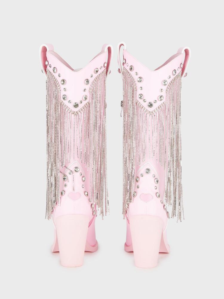 Pink Sparkly Rhinestone Fringe Cute Boots Heart Stitch Zip Pointy Mid-Calf Cowgirl Tall Boots