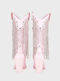 Pink Sparkly Rhinestone Fringe Cute Boots Heart Stitch Zip Pointy Mid-Calf Cowgirl Tall Boots