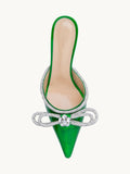 Metallic Green Rhinestone Double Bow Backless Pumps Pointed Toe Kitten Heel Mules