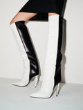 Black And White Patchwork Pointy High Heels Knee High Boots