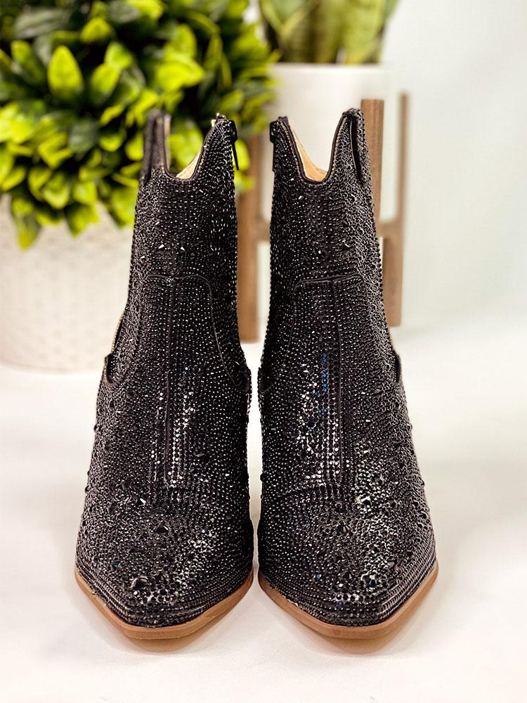 Black Rhinestone Cowgirl Ankle Boots Block Heeled Western Booties