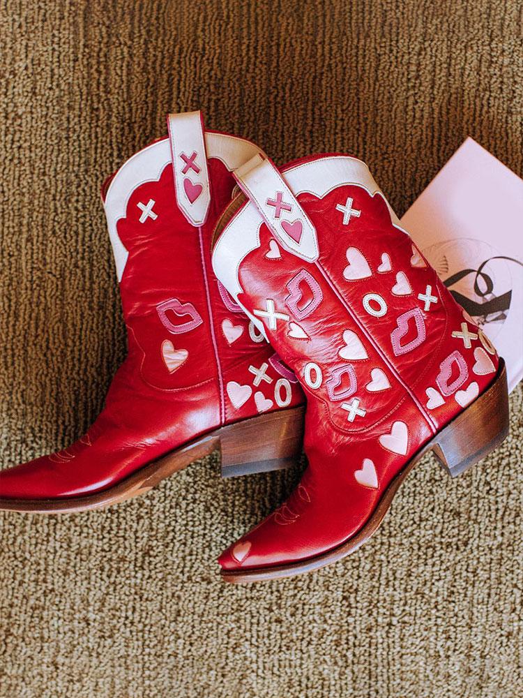 Contrast Red White Pink Heart Lips Stitch Slanted Heel Snip Toe Western Mid Calf Boots