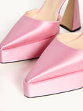 Pink Silk Rhinestone Bow Chain Pointy Platform Pumps With Ankle Strap Flared Heel