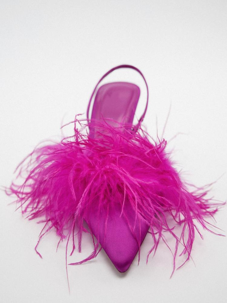 Fluffy Feather Elastic Strap Slingback Shiny Silk High-Heeled Pointed-Toe Pumps