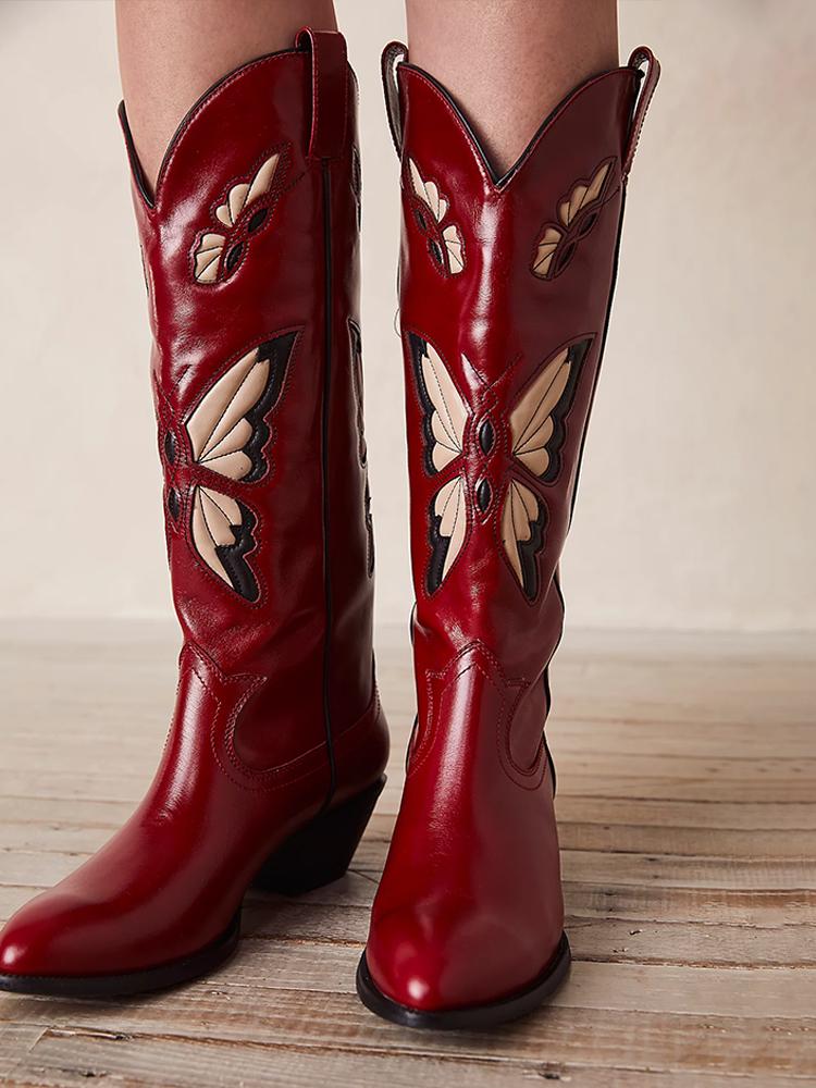 Butterfly Inlay Stitch Pointy Wide Mid Calf Cowgirl Boots - Red & Black