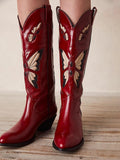 Butterfly Inlay Stitch Pointy Wide Mid Calf Cowgirl Boots - Red & Black