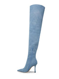 Denim Pocket Zip Pointed Toe Flared High Heel Over The Knee Thigh High Boots