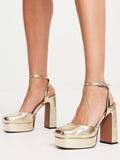 Metallic Gold Square Toe Block Heeled Pumps With Ankle Strap Platform