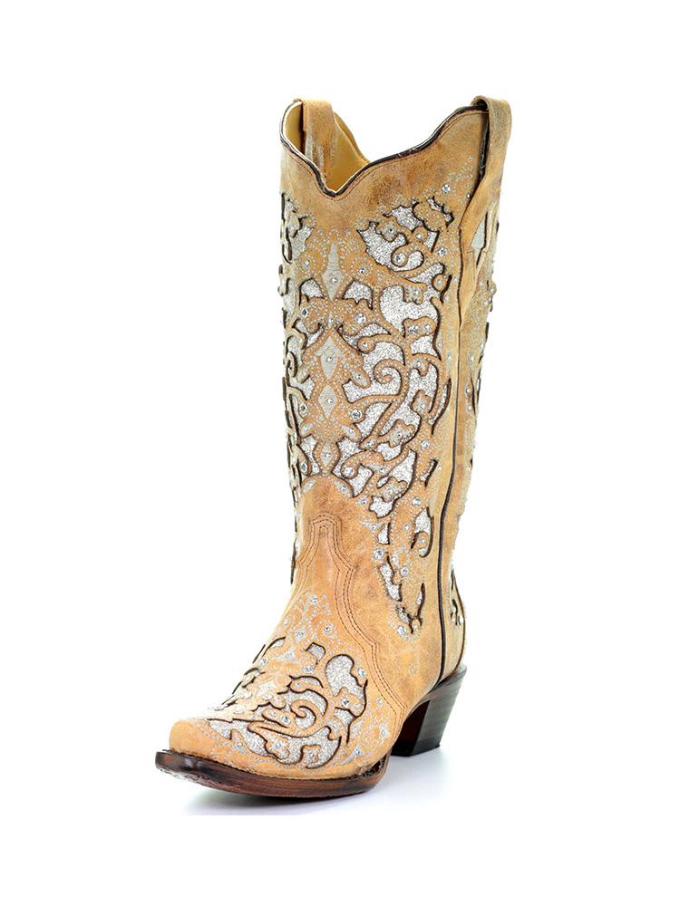 Rhinestones Cut-out Embroidery Snip-toe Wide Calf Cowgirl Boots