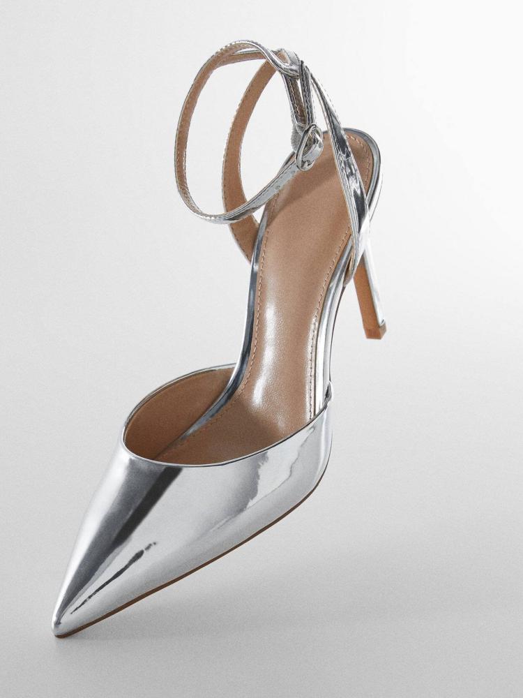 Metallic Pointy Stiletto Pumps With Buckled Ankle Wrap Strap