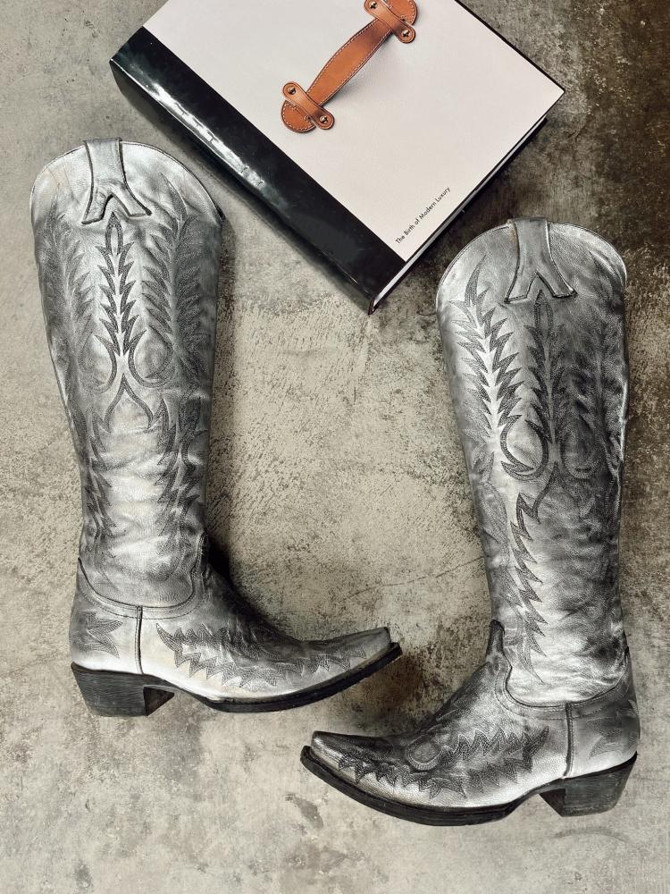 Embroidered Zip Snip Knee High Western Boots - Distressed White & Metallic Silver