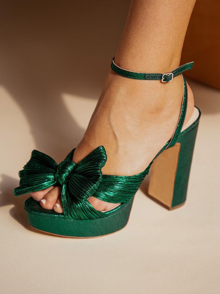 Metallic Green Pleated Bow Round Block Heeled Platform Sandals For Wide Feet