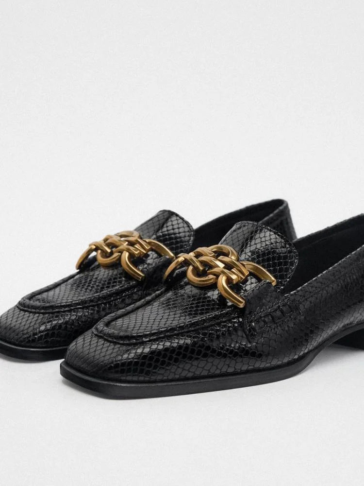 Classic Animal Print Chain Square Toe Flat Loafers