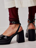 Square Toe Block Heeled Pumps With Buckle Ankle Strap Double Platform