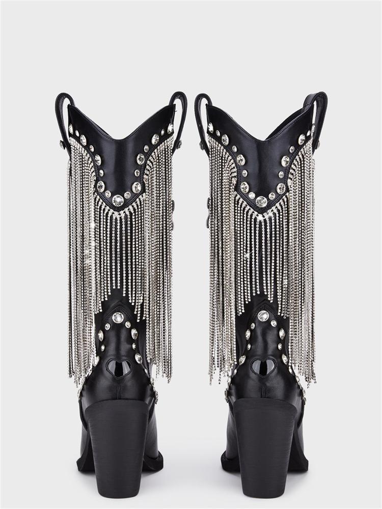 Rhinestone Fringe Pointy Zip Mid-Calf Cowgirl Boots