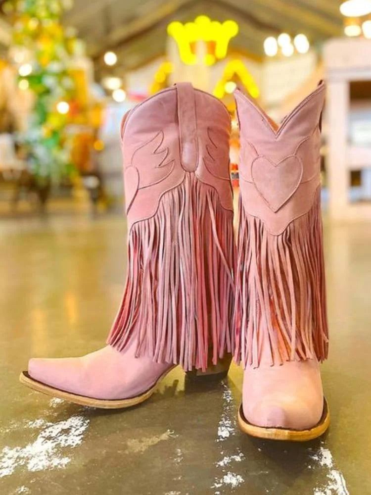 Light Pink Winged Heart Pattern Fringe Snip Western Mid Calf Boots