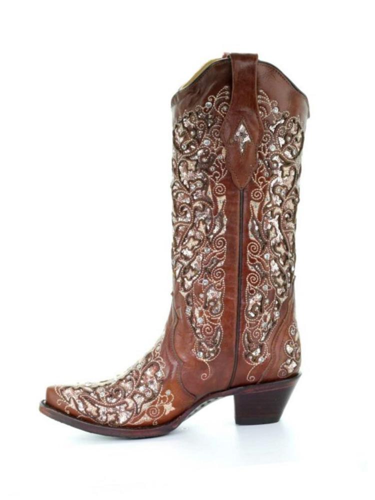 Rhinestones Cut-out Embroidery Snip-toe Wide Calf Cowgirl Boots