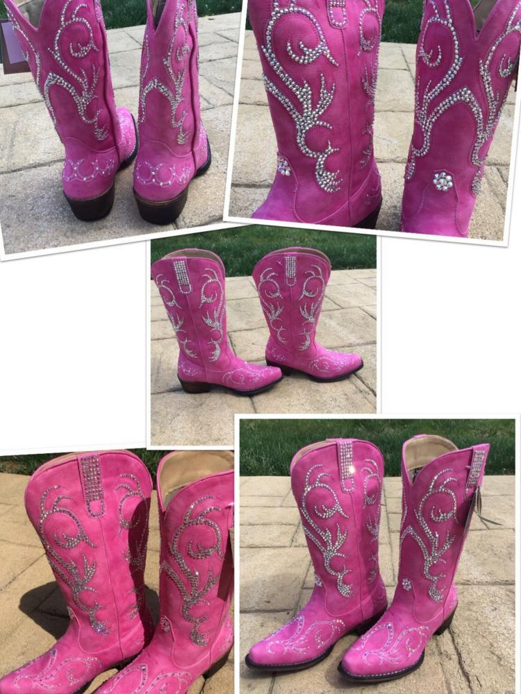 Pink Embroidered Crystal Rhinestone Square Toe Mid Heel Western Mid Calf Boots