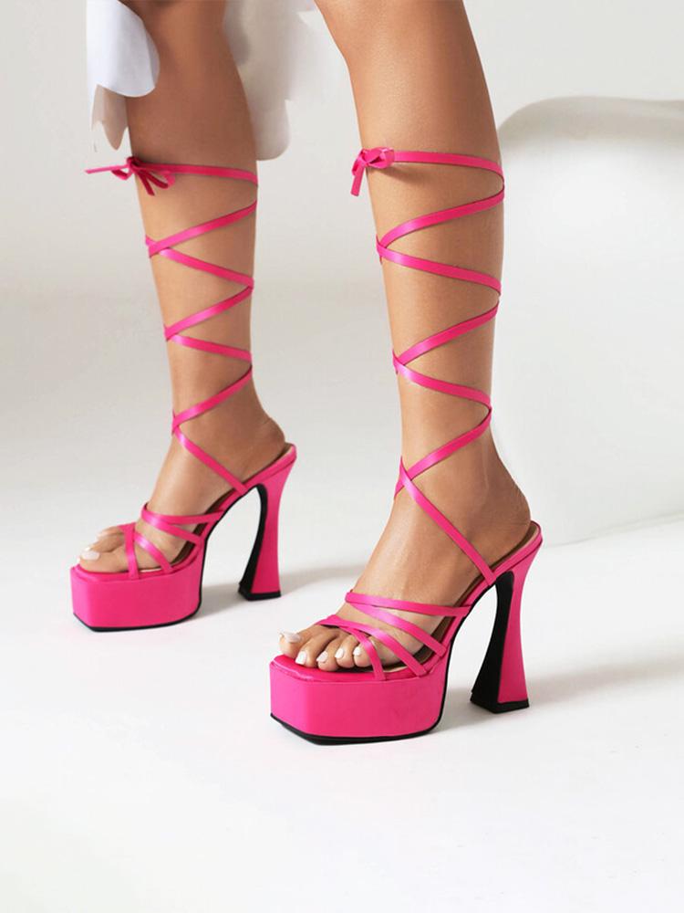 Zebra-stripe Multi-strap Square-toe Flared Heel Platform Sandals With Self-tie