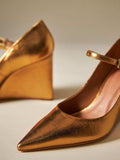 Pointy Buckled Instep Strap Wedge Pumps - Metallic Gold & Black