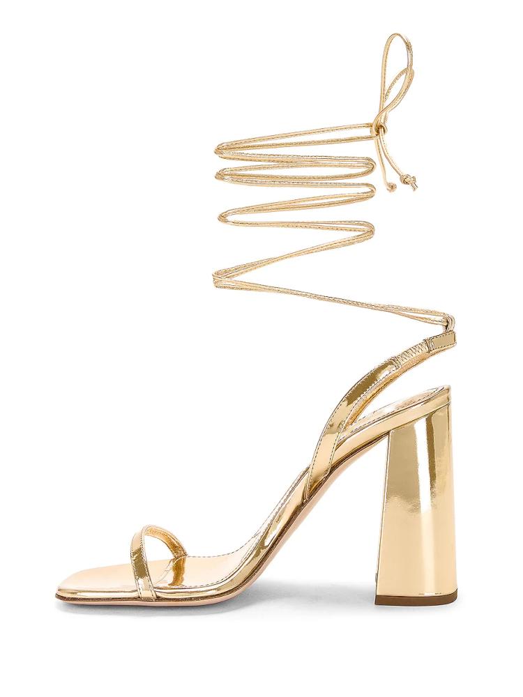 Metallic Gold Lace Up Gladiators Square Toe Block Heeled Sandals