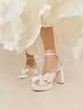 Pleated Bow Round Block Heeled Platform Sandals For Wide Feet - Metallic Silver & White