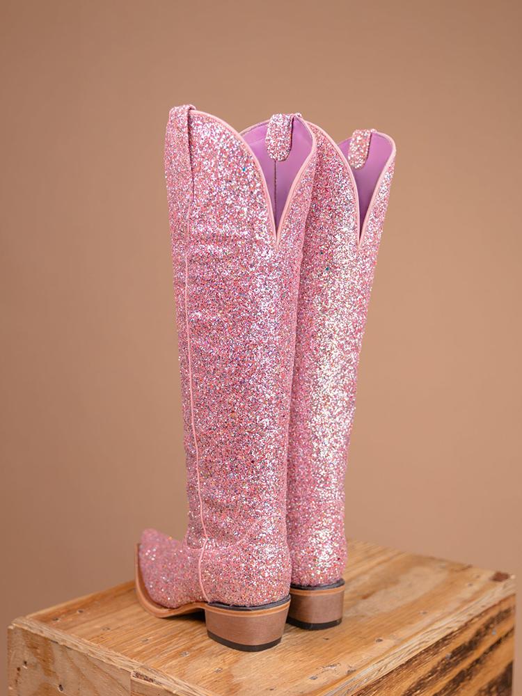 Glitter Snip Zipper Mid Calf Cowgirl Boots - Silver & Light Pink