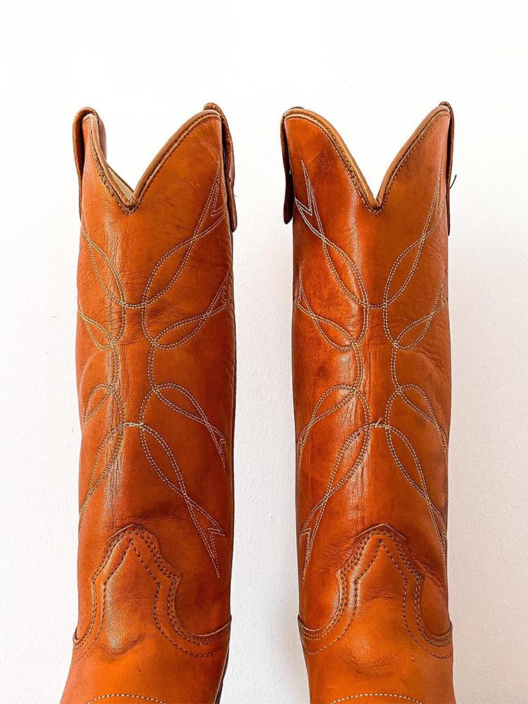 Brown Embroidered Pointed-toe Chunky Heels Wide Slip-on Mid-Calf Women Cowboy Boots