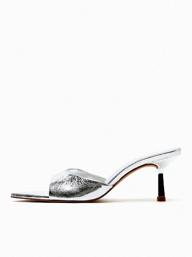 Metallic Silver Single Band Backless Slip-On Pointy Kitten Heeled Sandals