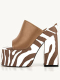 Brown Zebra Stripe Backless Platform Block Heeled Sandals Open Square Toe Slip-On Heels