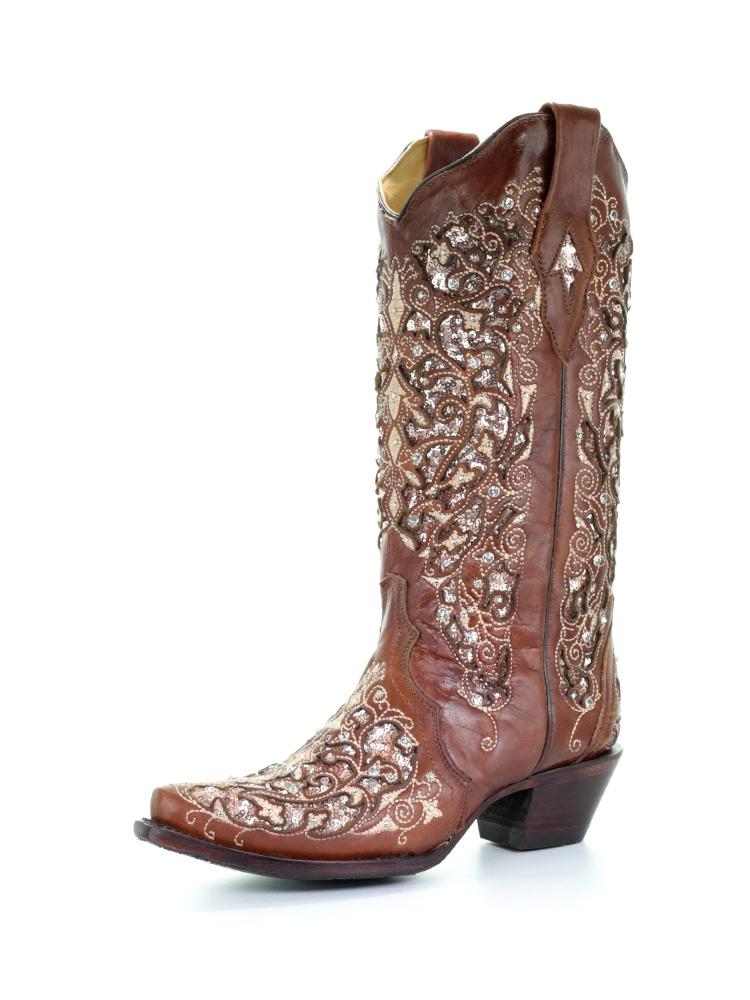 Rhinestones Cut-out Embroidery Snip-toe Wide Calf Cowgirl Boots