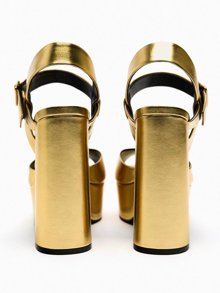 Gold Metallic Peep-toe Buckle Platform High Chunky Heel Sandals With Adjustable Strap