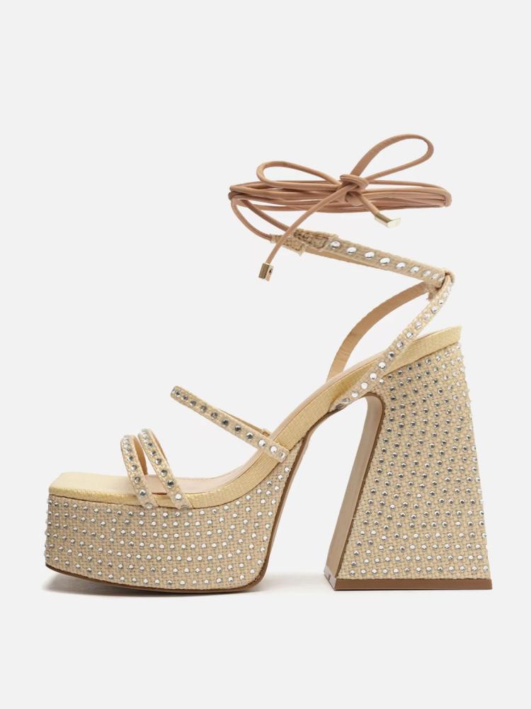 Nude Rhinestone Sandals Lace-Up Platform Chunky Heeled Gladiator